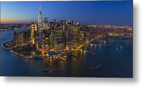 Aerial View Metal Print featuring the photograph Illuminated Lower Manhattan NYC by Susan Candelario