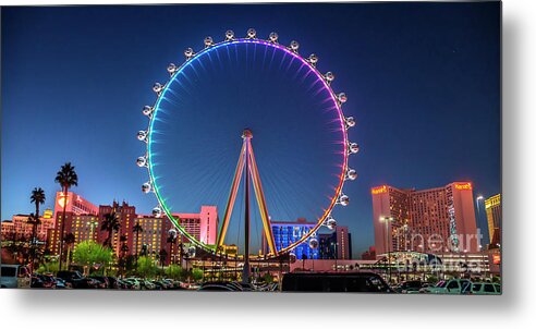 High Roller Las Vegas Metal Print featuring the photograph Las Vegas High Roller at Dusk Rainbow Colors Wide 2 by Aloha Art