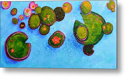 Lily Pads Waterlilies Modern Impressionist Landscape Palette Knife Artwork Unique Art Metal Print featuring the painting Lily Pads Waterlilies Pond Modern Impressionist Landscape palette knife Artwork by Patricia Awapara