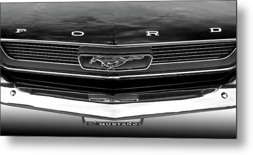 66 Mustang Grille Metal Print featuring the photograph Mustang Pony Grille 1966 in Black and White by Gill Billington