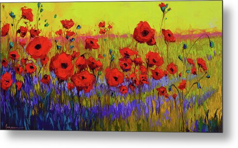Colorful Wildflowers Metal Print featuring the painting Poppy Flower Field Oil Painting with Palette knife by Patricia Awapara