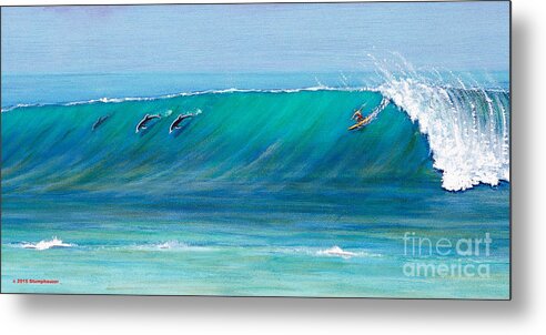 Surfing Metal Print featuring the painting Surfing With Dolphins by Jerome Stumphauzer