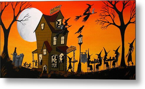 Art Metal Print featuring the painting The Crow Cafe - Halloween witch cat folk art by Debbie Criswell