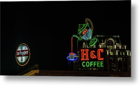 Neon Sign Metal Print featuring the photograph H C Coffee sign and Dr Pepper Roanoke virginia by Julieta Belmont