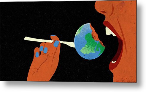 Adult Metal Print featuring the photograph Mouth Eating Globe On Fork by Ikon Images