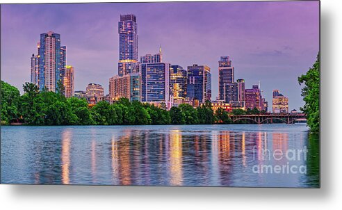 Downtown Austin Metal Print featuring the photograph Twilight Panorama of Downtown Austin Skyline and Lady Bird Lake - Austin Texas Hill Country by Silvio Ligutti