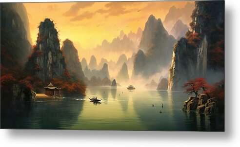 Mountainous And Cliffs Vistas Calm Waters Art Metal Print featuring the painting mountainous and cliffs vistas calm waters by Asar Studios #6 by Celestial Images
