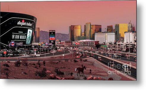 John Madden Metal Print featuring the photograph Allegiant Stadium Las Vegas Raiders Game day Tribute to John Madden after Sunset Panoramic View by Aloha Art
