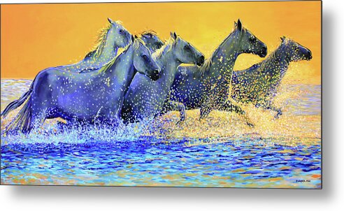 Horses Metal Print featuring the painting Horses Running the Beach at Sunset by Karl Wagner