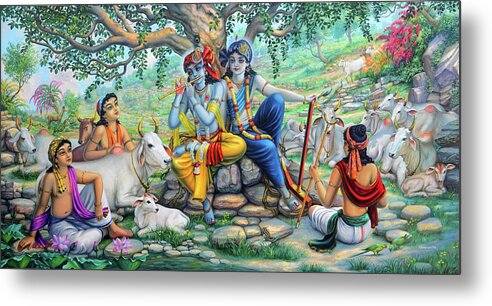 Krishna Metal Print featuring the painting Krishna and Balaram with friends on Govardhan hill by Vrindavan Das