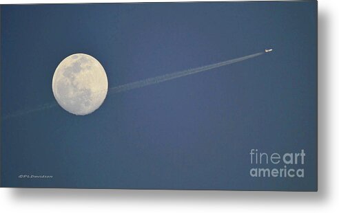Moon Metal Print featuring the pyrography Moonrise Jet Flyby by Pat Davidson