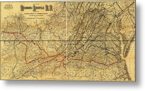 Rails Metal Print featuring the drawing Richmond and Louisville Rail Road 1882 by Vintage Railroad Maps