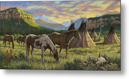 Native American Metal Print featuring the painting Sunrise Over the Canyon by Kim Lockman