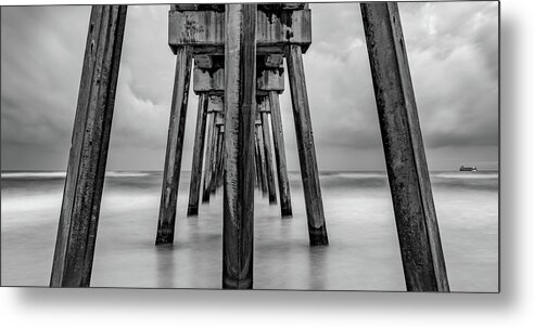 Panama City Beach Metal Print featuring the photograph Under The Russell Fields Pier Panorama - Panama City Beach Monochrome by Gregory Ballos