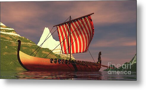 Viking Metal Print featuring the digital art Viking Ship in Fjord by Corey Ford