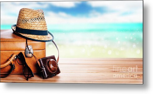 Summer Metal Print featuring the photograph Vintage suitcase, sunglasses and hipster hat wooden deck by Jelena Jovanovic