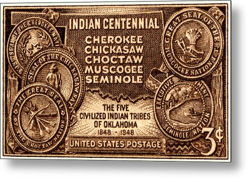 Stamp Metal Print featuring the painting 1948 Oklahoma Indian Centennial Stamp by Historic Image