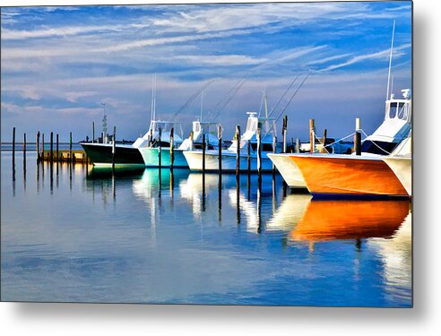Outer Banks Metal Print featuring the painting Boats at Oregon Inlet Outer Banks II by Dan Carmichael