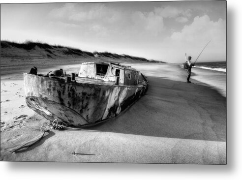 Outer Banks Metal Print featuring the photograph Fishing on the Beach - Outer Banks BW by Dan Carmichael