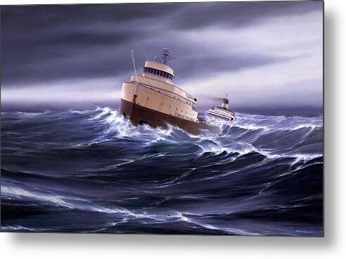 Transportation. Edmund Fitzgerald. Lake Superior. Marine Art. Great Lakes. Lake Superior Shipwrecks. Edmund Fitzgerald Canvas Prints. Captain Bud Robinson. Heavy Weather. Ships In Storms. Freighter Art. Great Lakes Ships. Great Lakes Freighters. Metal Print featuring the painting Wind and Sea Astern by Captain Bud Robinson