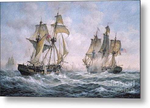 Seascape; Ships; Sail; Sailing; Ship; War; Battle; Battling; United States; Wasp; Brig Of War; Frolic; Sea; Water; Cloud; Clouds; Flag; Flags; Sloop; Action; Wave; Waves Metal Print featuring the painting Action Between U.S. Sloop-of-War 'Wasp' and H.M. Brig-of-War 'Frolic' by Richard Willis