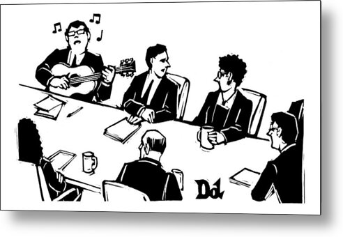 #condenastnewyorkercartoon Metal Print featuring the drawing Members At A Board Meeting Sit. One Man #1 by Drew Dernavich