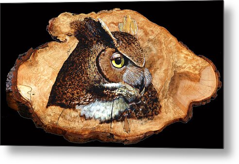 Owl Metal Print featuring the pyrography Owl on Oak Slab #2 by Ron Haist