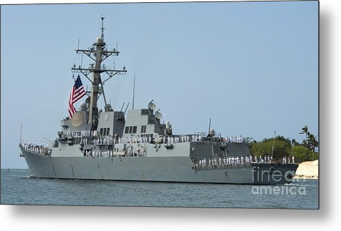 Military Metal Print featuring the photograph Sailors Man The Rails Aboard #4 by Stocktrek Images