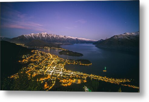 Tranquility Metal Print featuring the photograph Aerial view of Queenstown cityscape at night, New Zealand by Lingxiao Xie