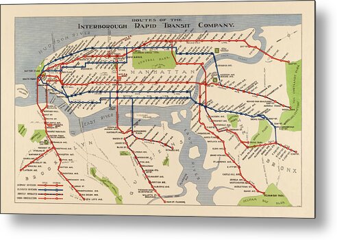 New York City Metal Print featuring the drawing Antique Subway Map of New York City - 1924 by Blue Monocle