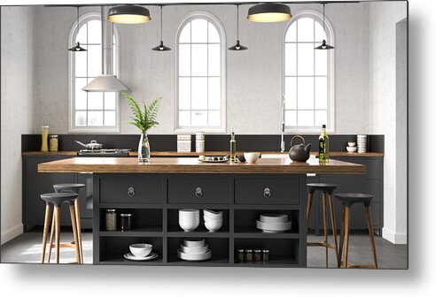 Home Decor Metal Print featuring the photograph Black industrial kitchen by NelleG