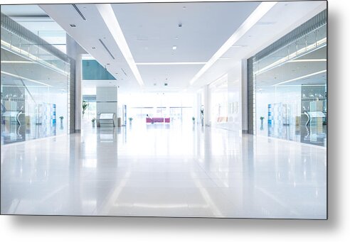 Empty Metal Print featuring the photograph Empty shopping centre in sunset, Dubai by Olaser