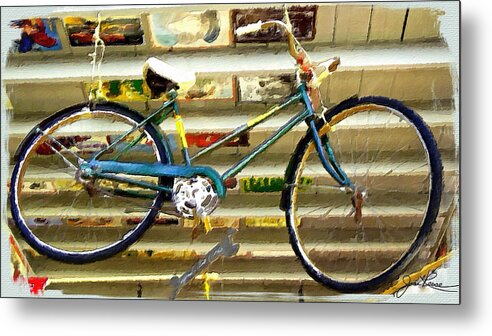 Blue Bike Metal Print featuring the painting Hanging Bike by Joan Reese
