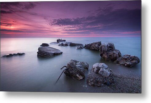 Racine Beach Lake Michigan Wisconsin Sunrise Wind Point Morning Metal Print featuring the photograph Magenta Morning by Josh Eral