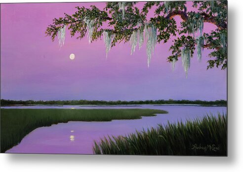 Coastal Early Moon Rising Metal Print featuring the painting Moonlit by Audrey McLeod