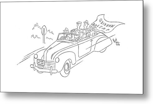 112128 Nhi Ned Hilton An Assortment Of People Are Sharing A Car Metal Print featuring the drawing New Yorker August 29th, 1942 by Ned Hilton