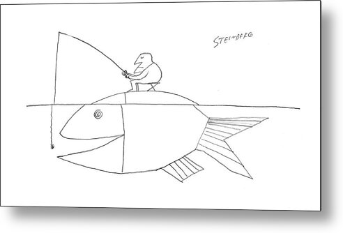 94900 Sst Saul Steinberg (man Sitting On The Back Of A Large Fish Which Is Mostly Submerged Metal Print featuring the drawing New Yorker December 5th, 1959 by Saul Steinberg