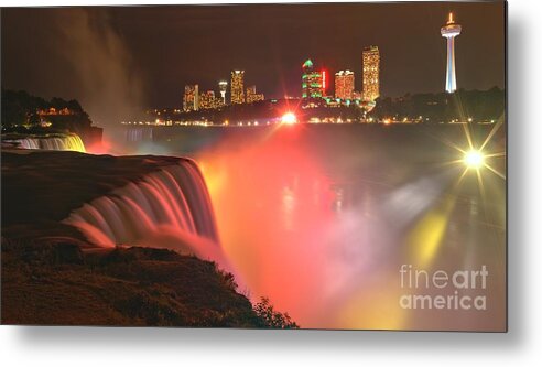 Niagara Falls Metal Print featuring the photograph Niagara Starbursts At Night Panorama by Adam Jewell