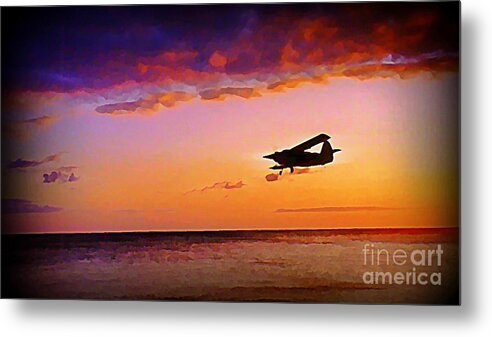 Plane Metal Print featuring the painting Plane Pass at Sunset by John Malone
