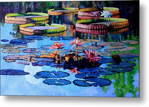 Garden Pond Metal Print featuring the painting Reflections of Nature's Beauty by John Lautermilch