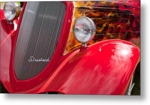 Custom Car Show Shine Classic Ford Blue Granum Alberta Canada Red Detail Street Rod Headlamps Chrome Metal Print featuring the photograph Streetrod Red by Mick Flynn