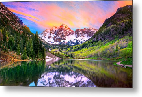 Maroon Bells Metal Print featuring the photograph Sunset at Maroon Bells and Maroon Lake Aspen CO by James O Thompson