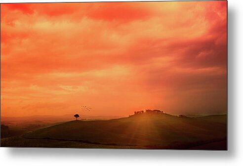 Orange Color Metal Print featuring the photograph Sunset Over The Tuscan Hills by Deimagine