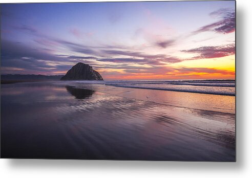 Beach Sunset Metal Print featuring the photograph Sunset Reflections at Morro Bay Beach Rock Fine Art Photography Print by Jerry Cowart