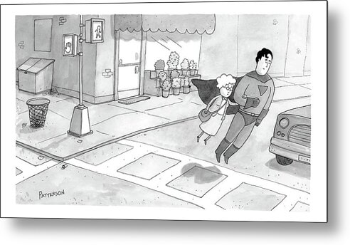 Superman Metal Print featuring the drawing Superman Escorts An Elderly Woman Across The Road by Jason Patterson