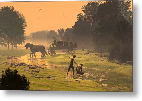 Wagons Metal Print featuring the digital art Wagons Barrels and Burlap by Dieter Carlton