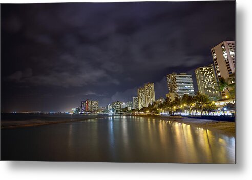 Night Metal Print featuring the photograph Waikiki beach at night by Tin Lung Chao