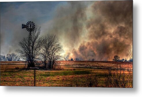Windmill Metal Print featuring the photograph Windmill on a burning field by Karen McKenzie McAdoo