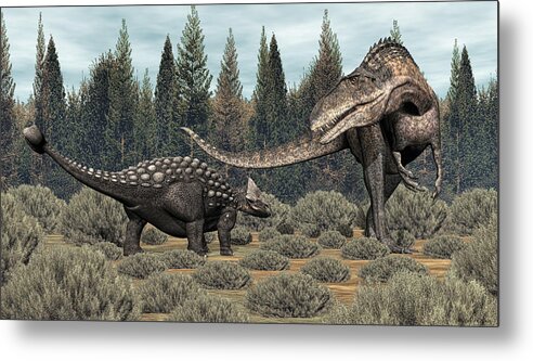 Dinosaur Metal Print featuring the digital art Ankylosaurus vs Acrocanthosaurus by Walter Colvin