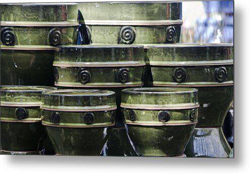 Pots Metal Print featuring the photograph Green Circle Border Planters by Teresa Mucha